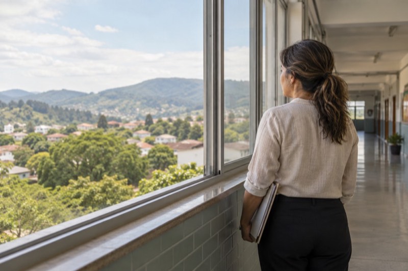 Servidora olhando pela janela no corredor de uma escola