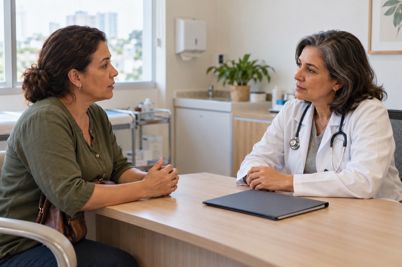 Servidora em consulta médica com laudo para pedido de remoção por motivo de saúde